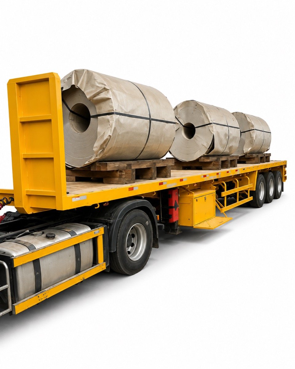 Flatbed truck loaded with steel coils