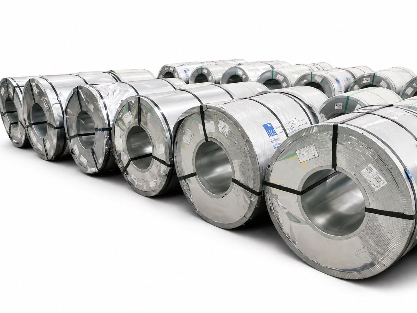 Rows of galvanized steel coils ready for shipment