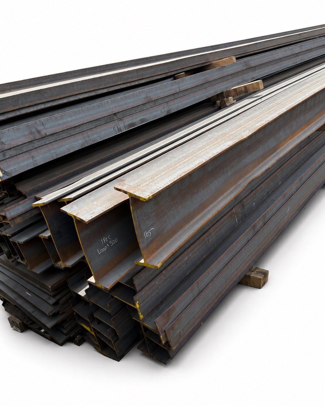 Stacked steel I-beams ready for trade